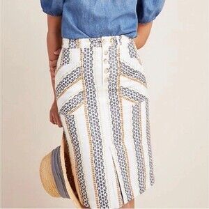 Anthropologie Eyelet Pencil Skirt Pockets Linen Blend Women's 4 Quincy EUC